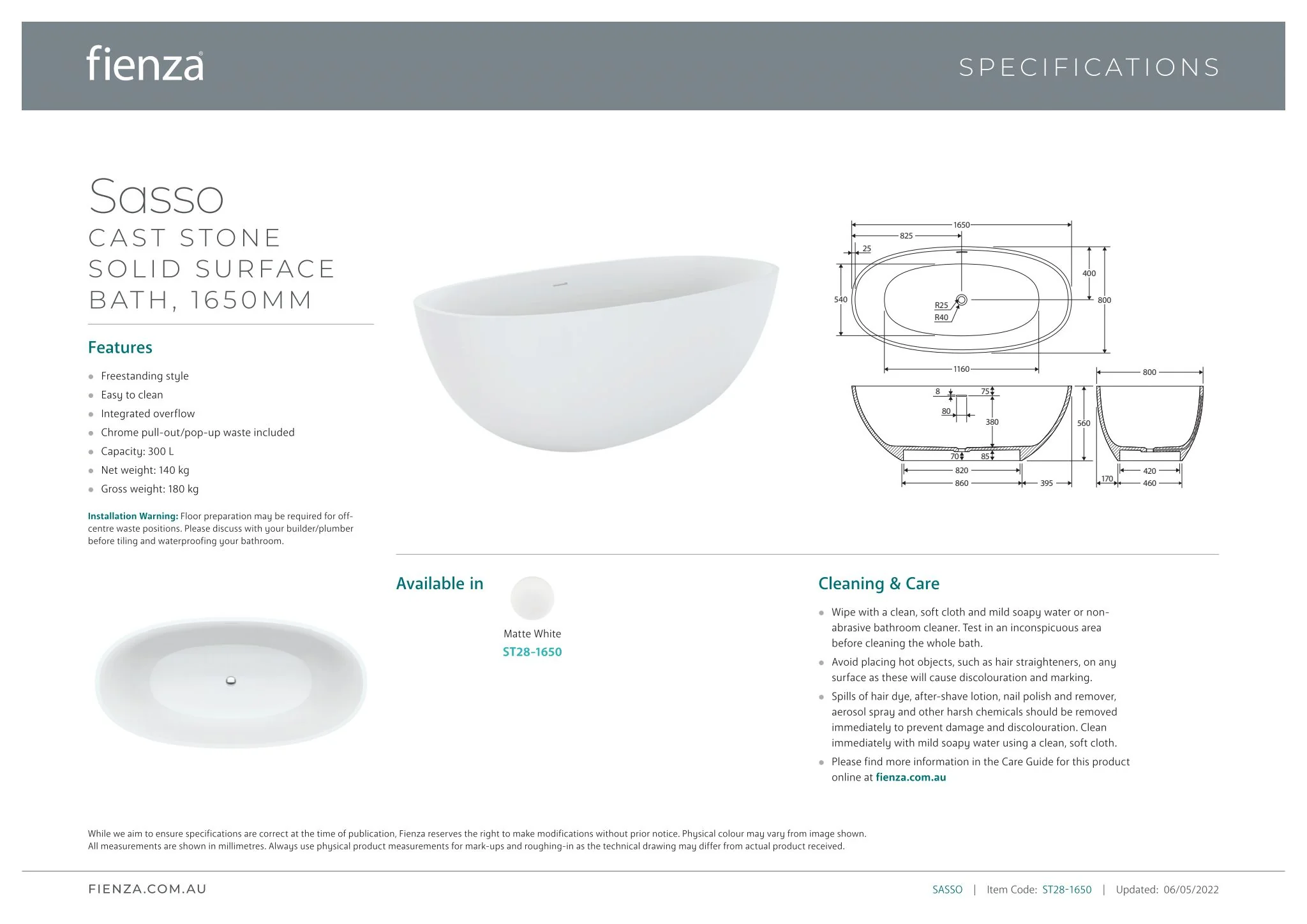 Sasso_ST28-1650_SpecSheet_2048x1449 SASSO 1650MM MATTE WHITE STONE BATH - Image 5